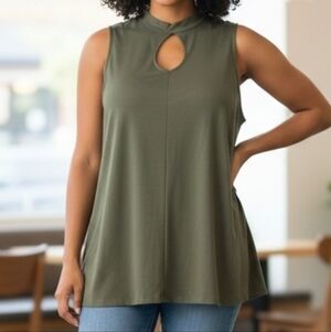 Du Jour Women's Olive Green Flowy Top Sleeveless Blouse, Back Tie-Neck, Size 1X
